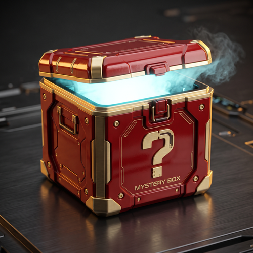 Red and gold glowing tech mystery box