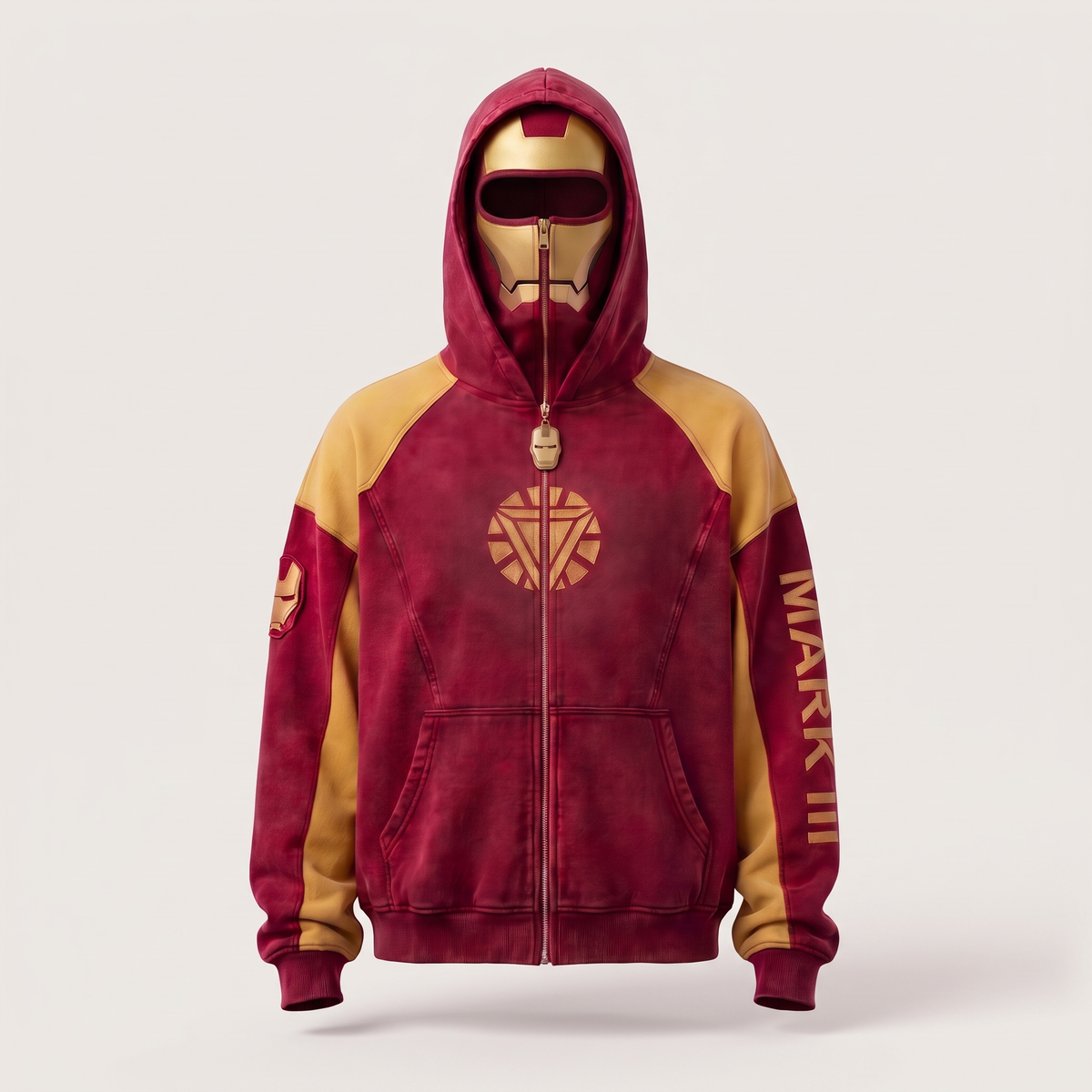The Iron Hoodie front view, gold faceplate balaclava zipped with the hood up