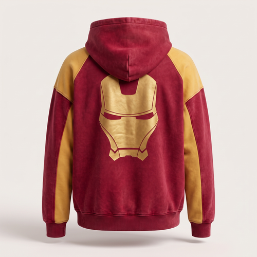 The Iron Hoodie back view with the gold helmet graphic