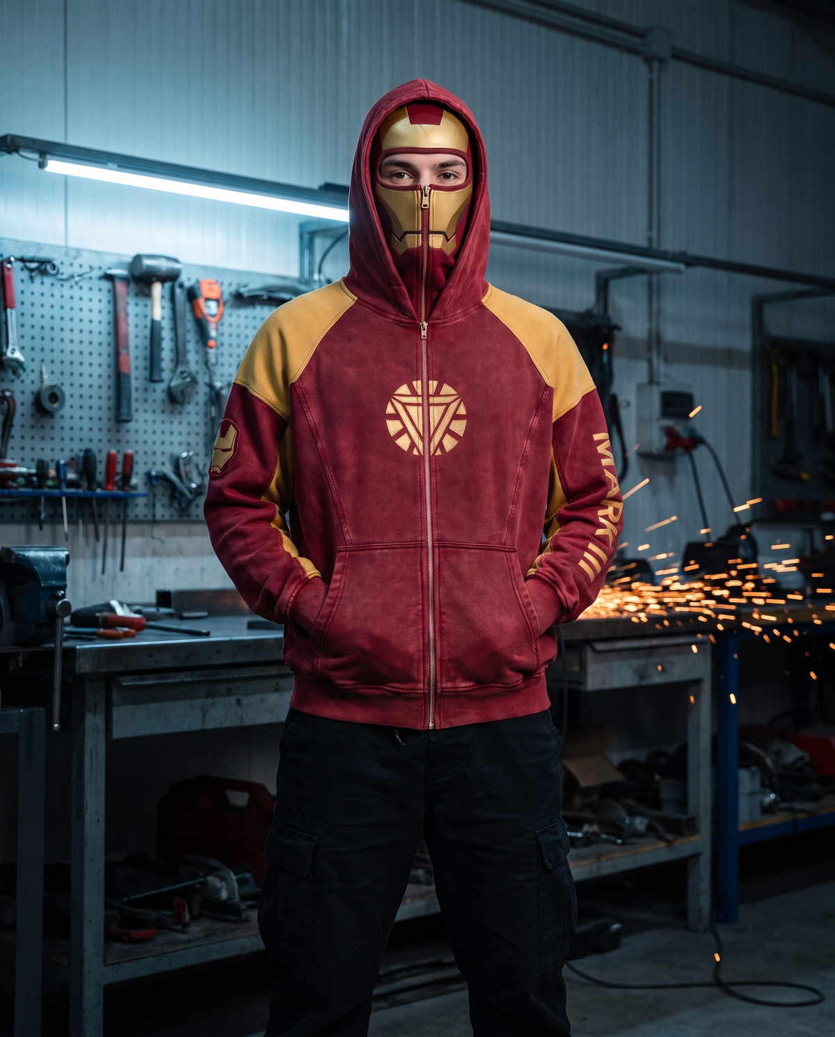 Man wearing the Iron Hoodie fully zipped