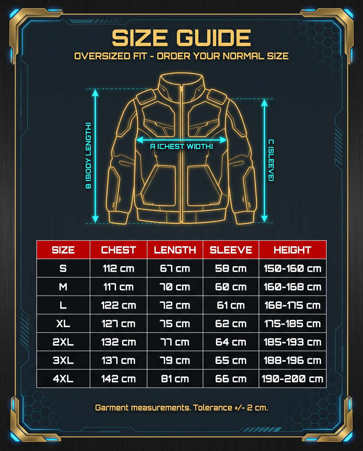 Iron Hoodie size guide S to 4XL