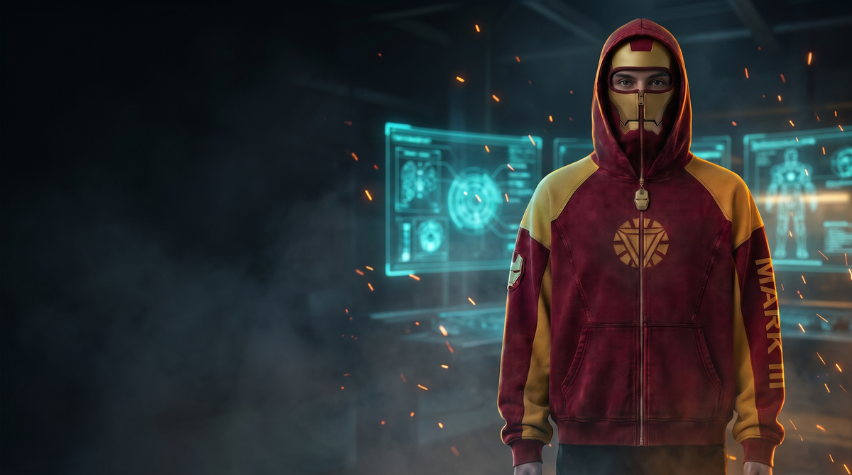 The Iron Hoodie in a dark tech workshop